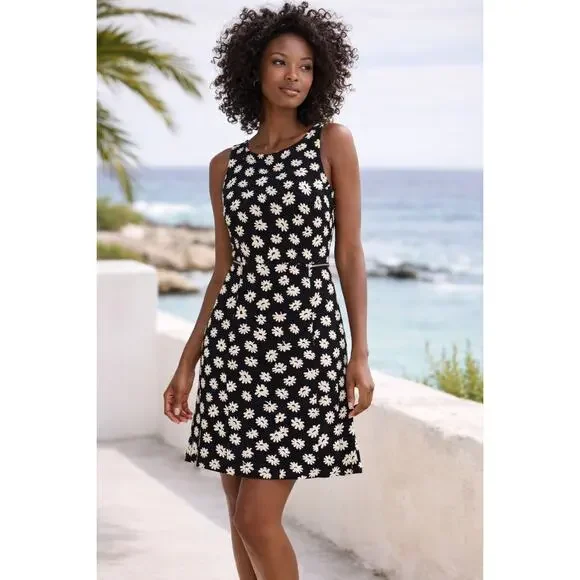 Ann Taylor Daisy Print Jacquard Mini Dress Black White A Line Petite 10 - Picture 1 of 12